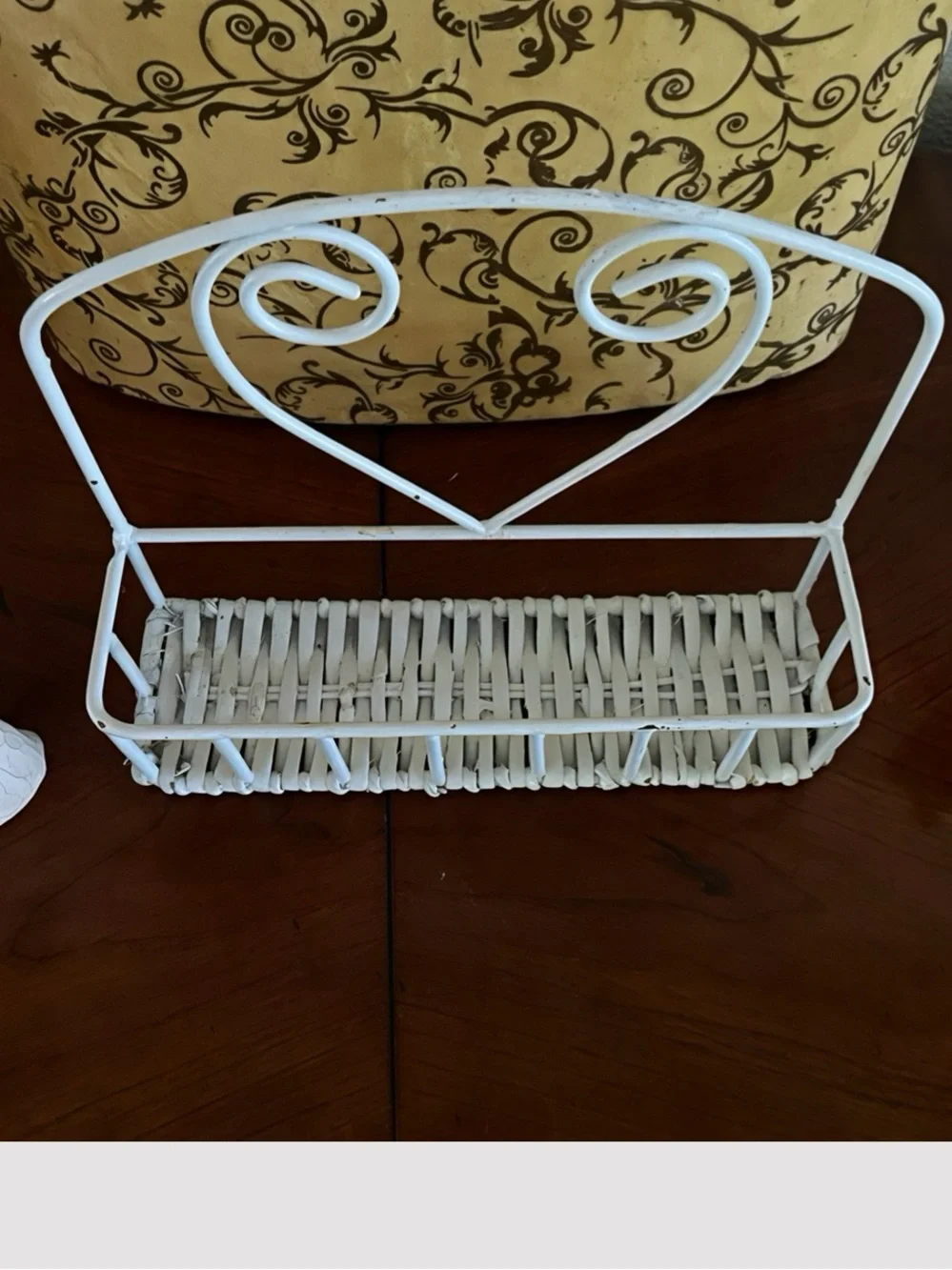 Vintage Shabby Chic Metal Heart Scroll Wicker Wall Organizer Shelf